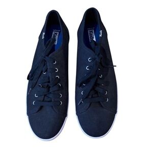 Women’s Keds Black Canvas Sneakers White Soles Black Stripe, Black Laces NWOT